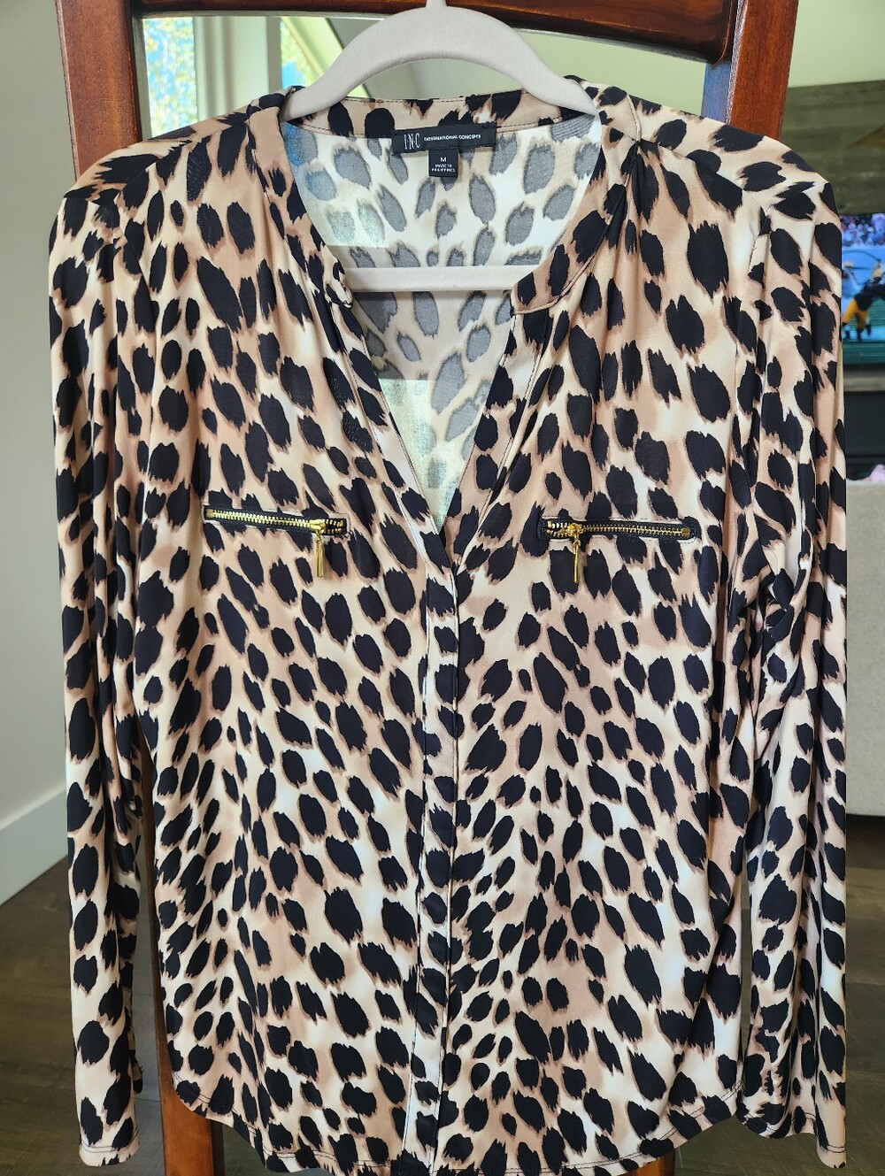 INC International Concepts Leopard Print V-Neck Blouse - Black & Tan